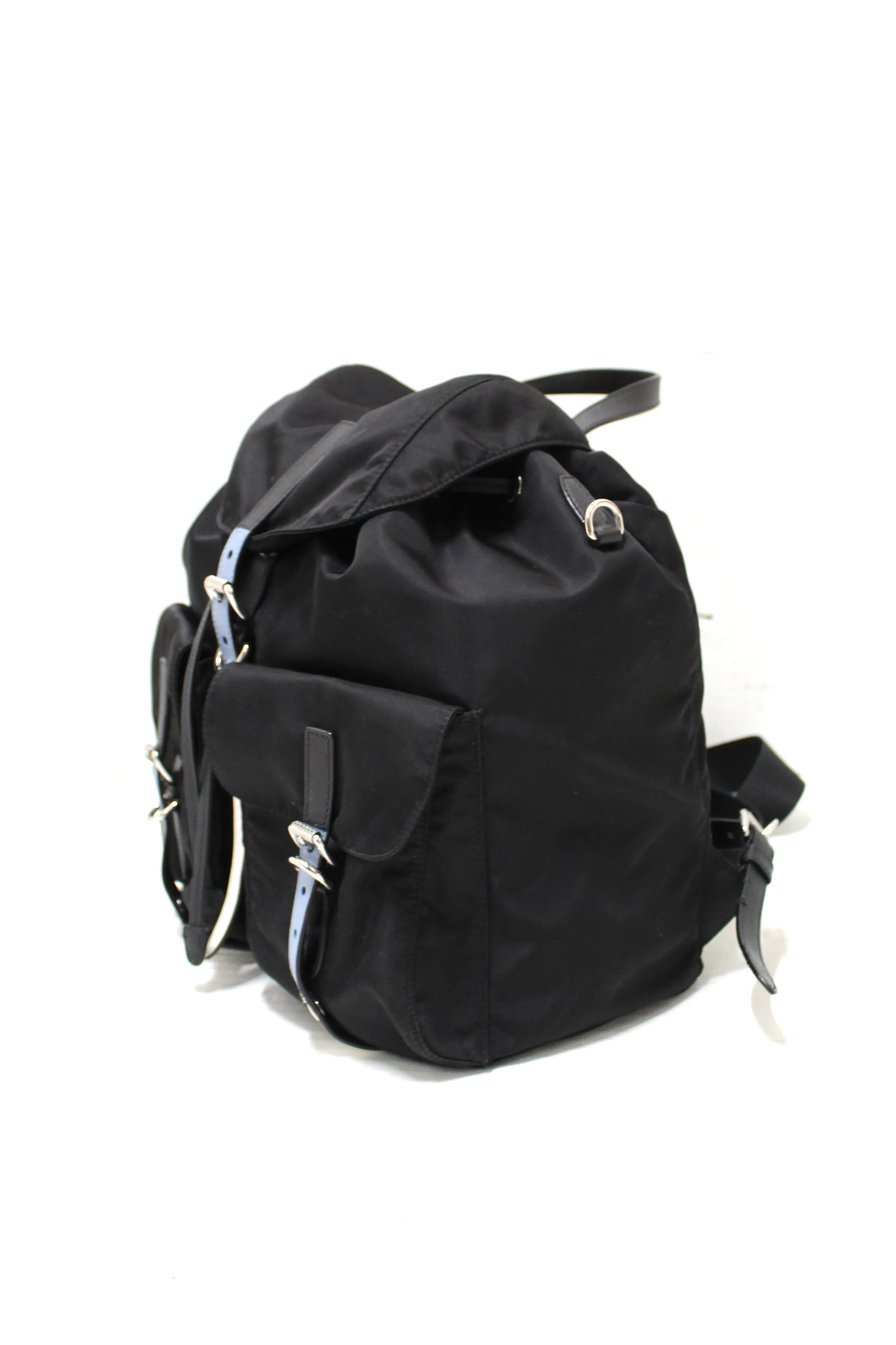 Authentic Prada Black Nylon with Blue/White Leather Strap Elektra Tessuto Backpack