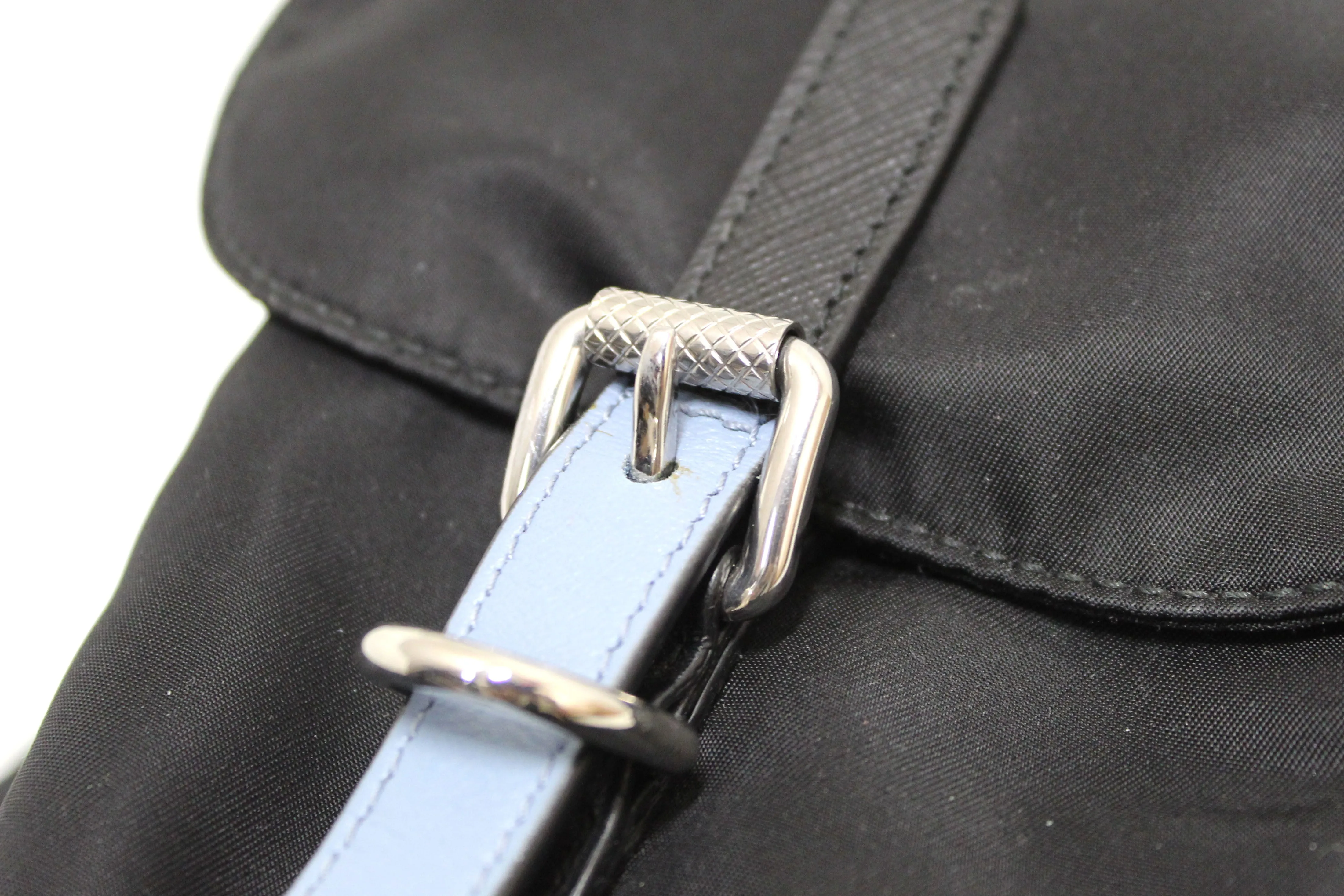 Authentic Prada Black Nylon with Blue/White Leather Strap Elektra Tessuto Backpack