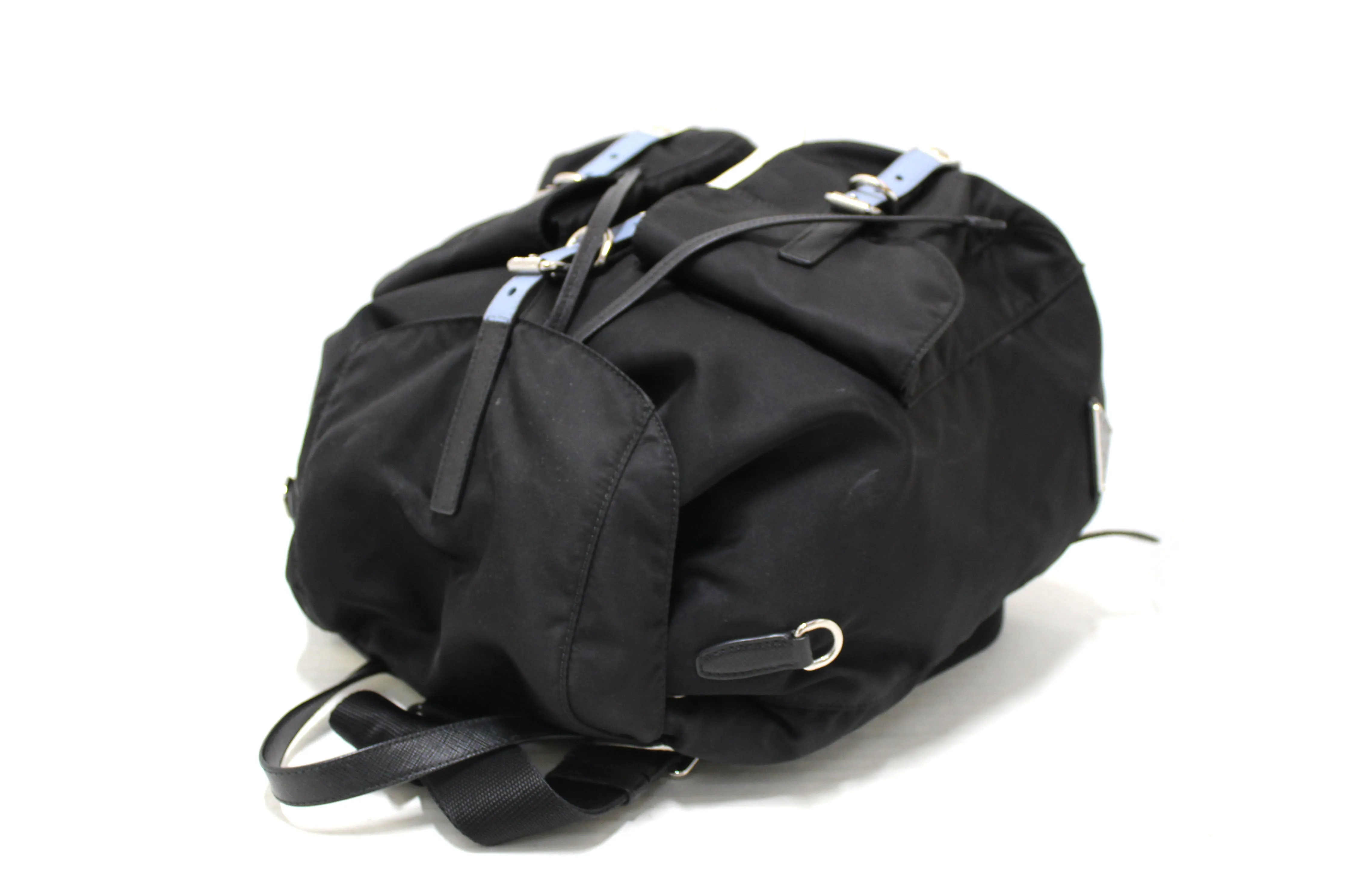 Authentic Prada Black Nylon with Blue/White Leather Strap Elektra Tessuto Backpack