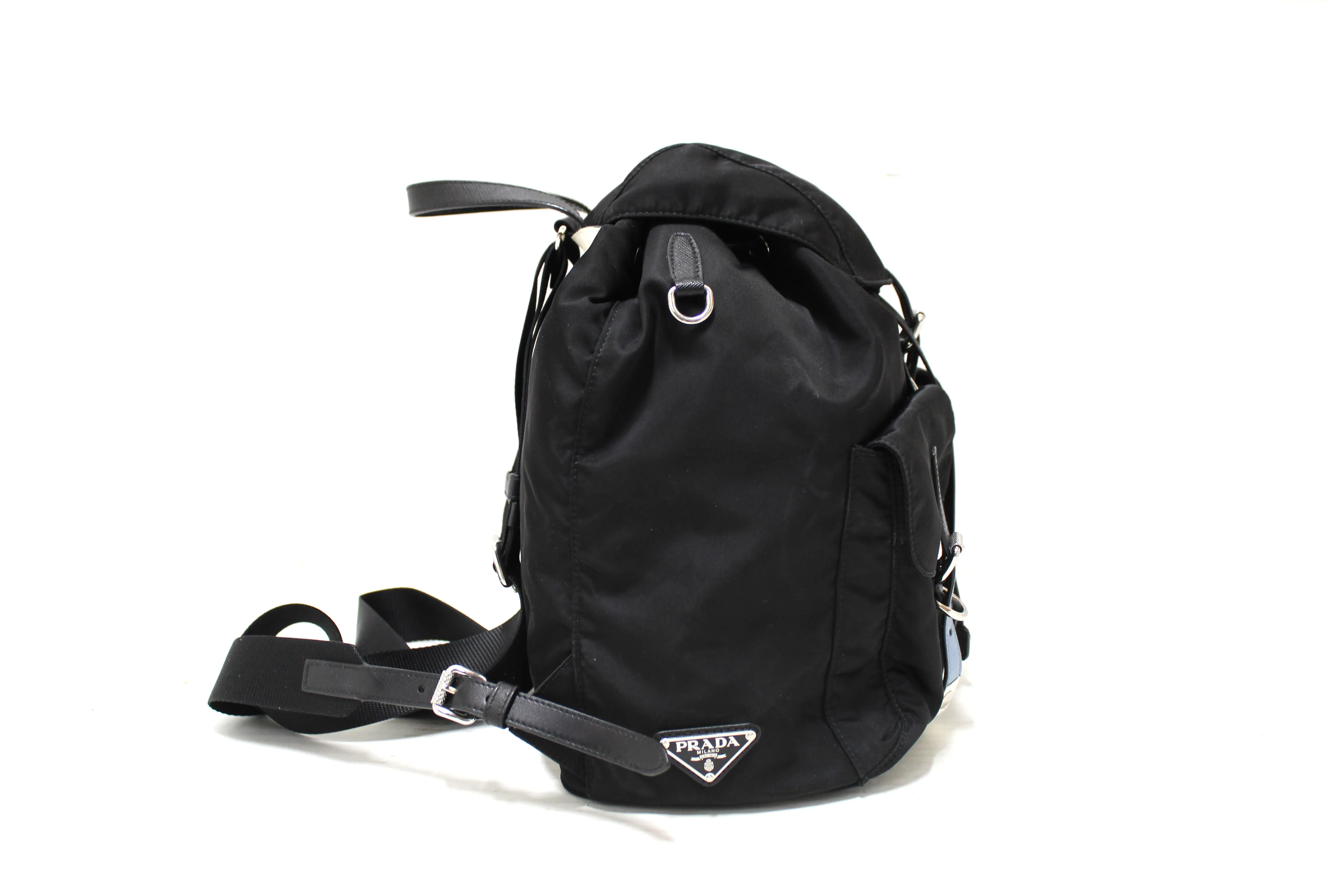Authentic Prada Black Nylon with Blue/White Leather Strap Elektra Tessuto Backpack