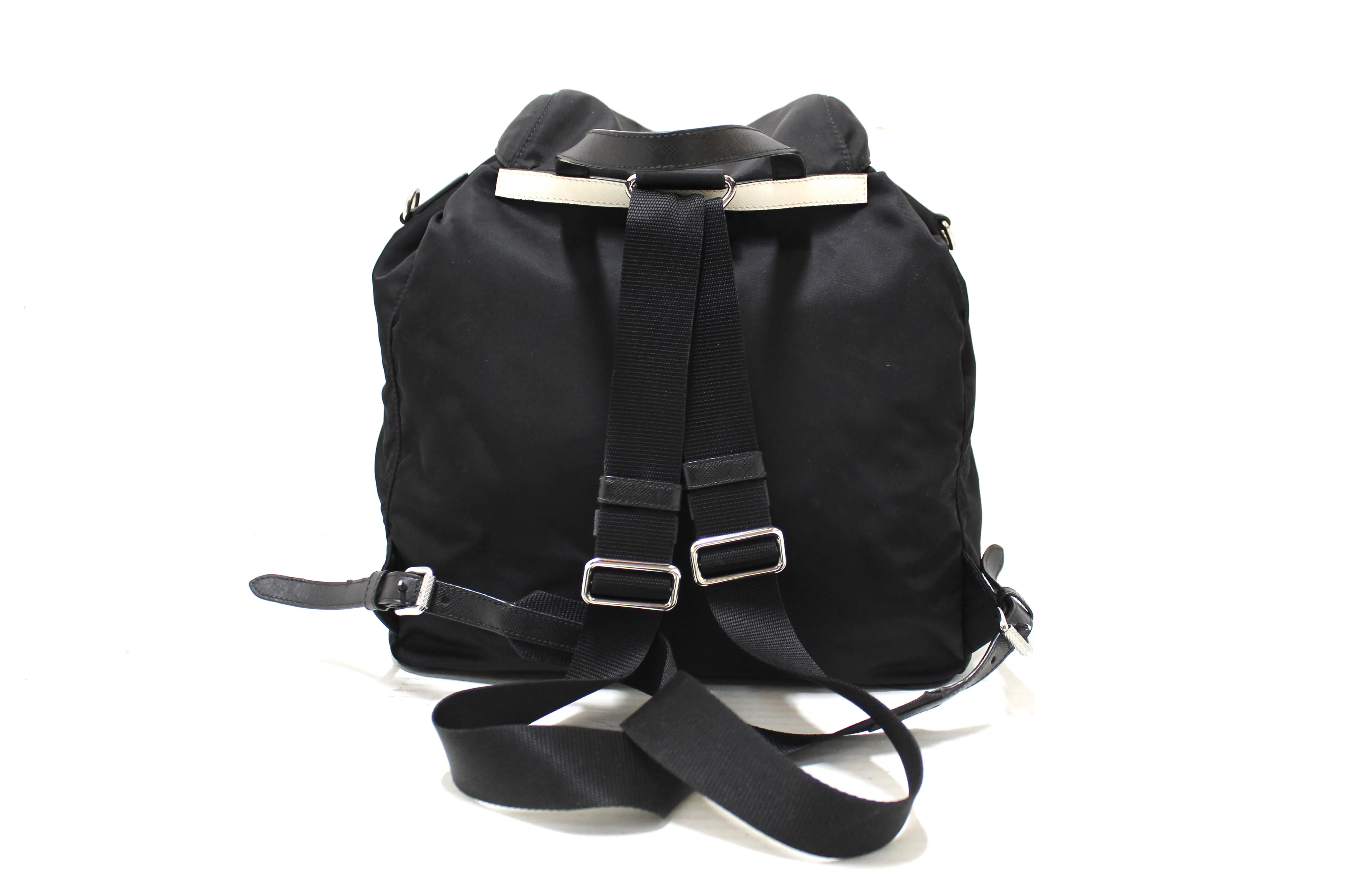 Authentic Prada Black Nylon with Blue/White Leather Strap Elektra Tessuto Backpack