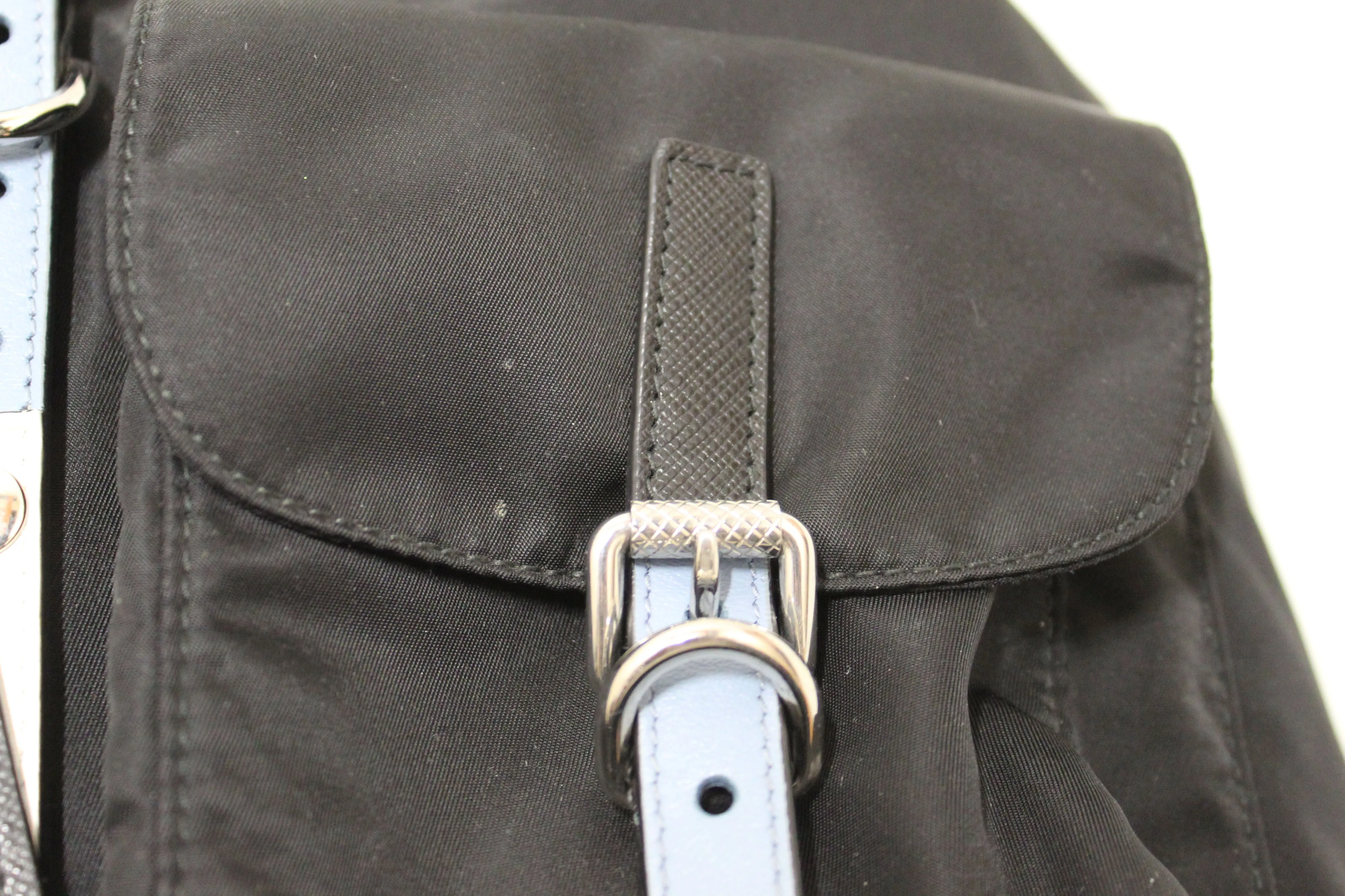 Authentic Prada Black Nylon with Blue/White Leather Strap Elektra Tessuto Backpack