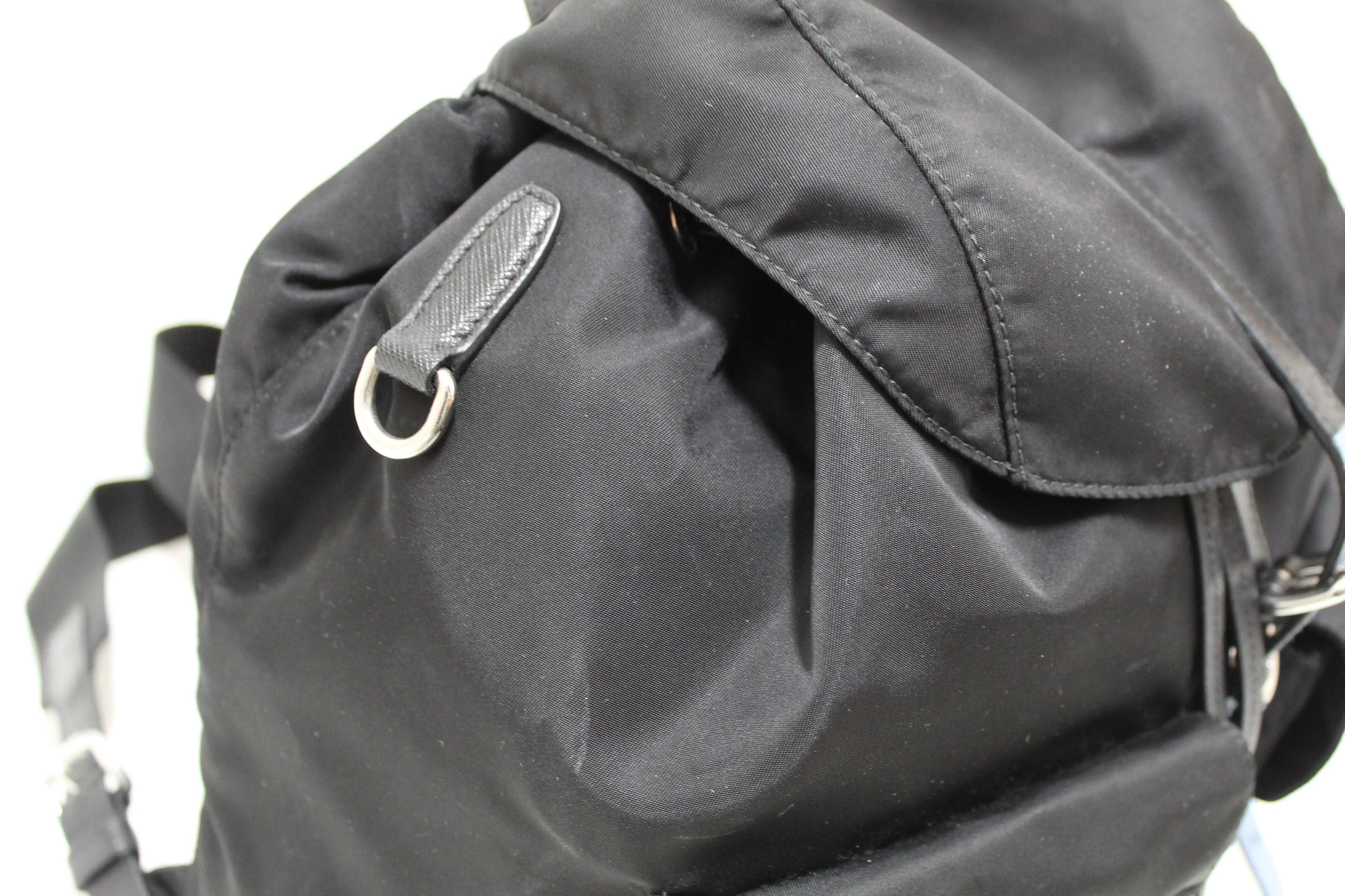 Authentic Prada Black Nylon with Blue/White Leather Strap Elektra Tessuto Backpack