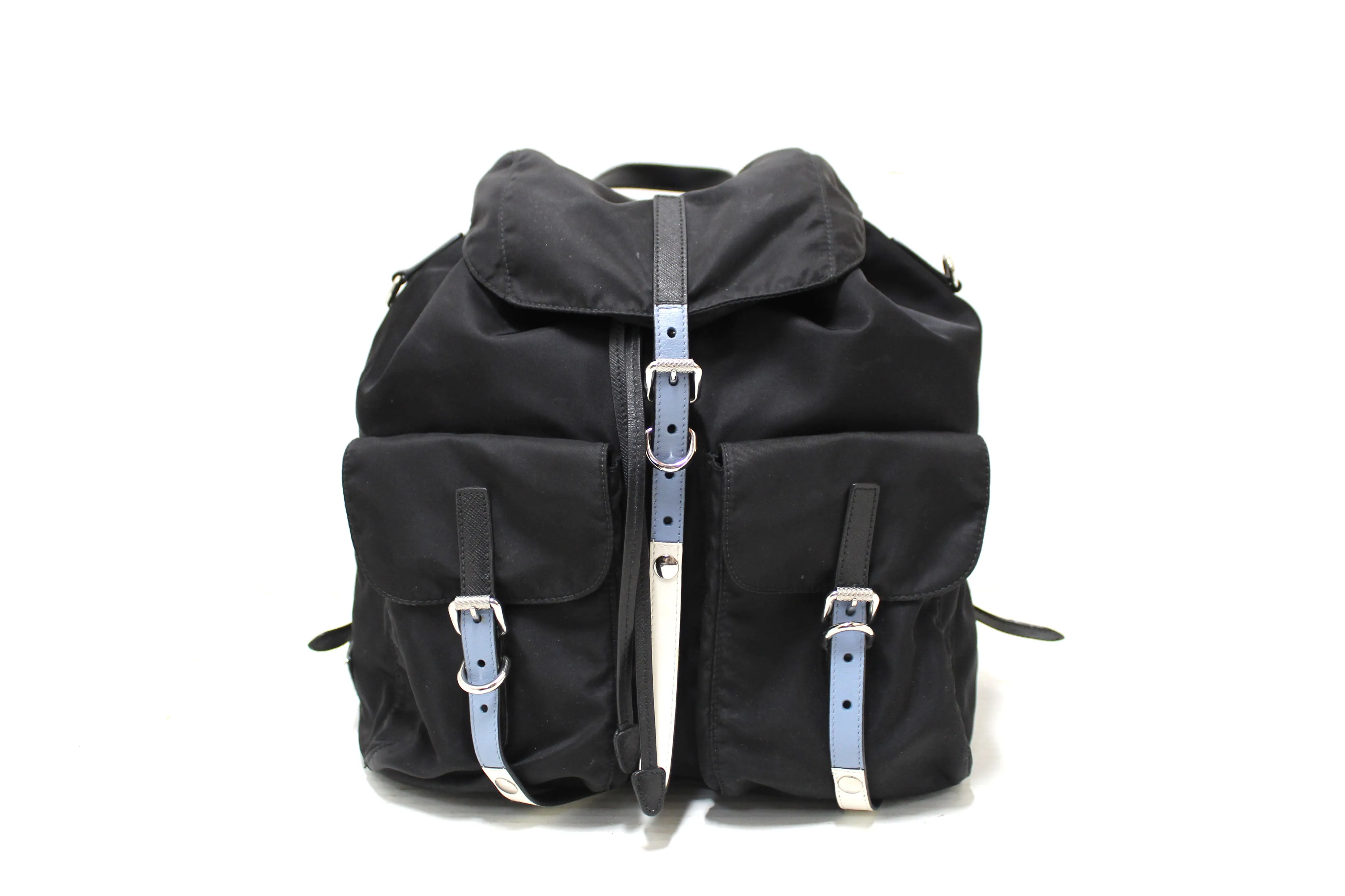 Authentic Prada Black Nylon with Blue/White Leather Strap Elektra Tessuto Backpack