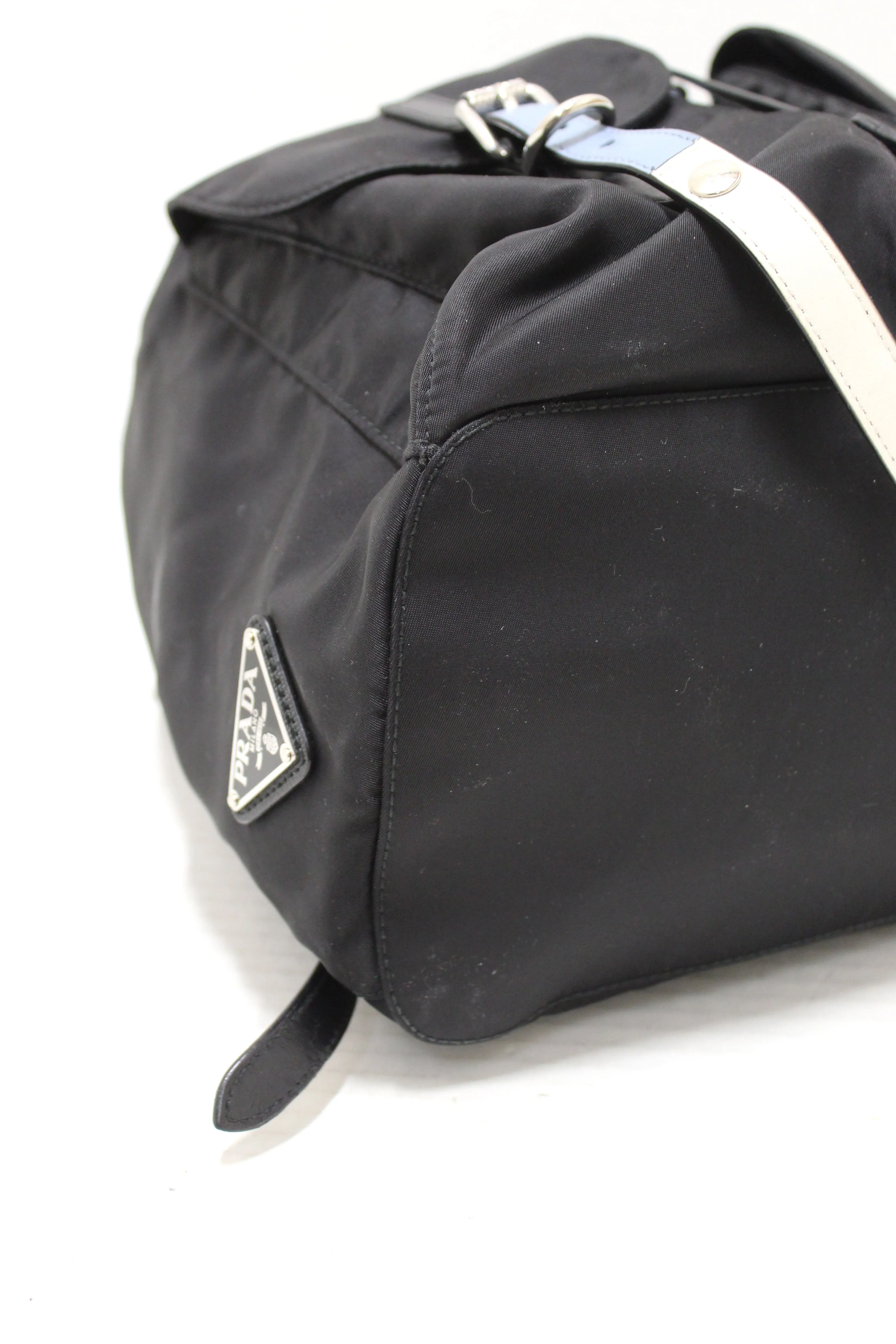 Authentic Prada Black Nylon with Blue/White Leather Strap Elektra Tessuto Backpack