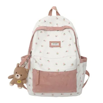 Beary Cute Kawaii Two-Tone Floral Backpack with Kawaii Charm