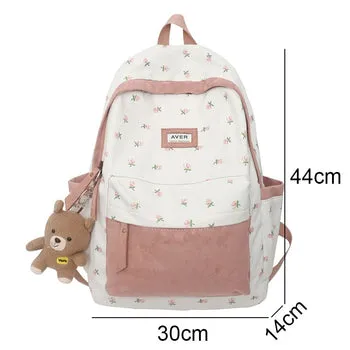 Beary Cute Kawaii Two-Tone Floral Backpack with Kawaii Charm