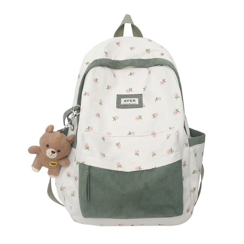 Beary Cute Kawaii Two-Tone Floral Backpack with Kawaii Charm