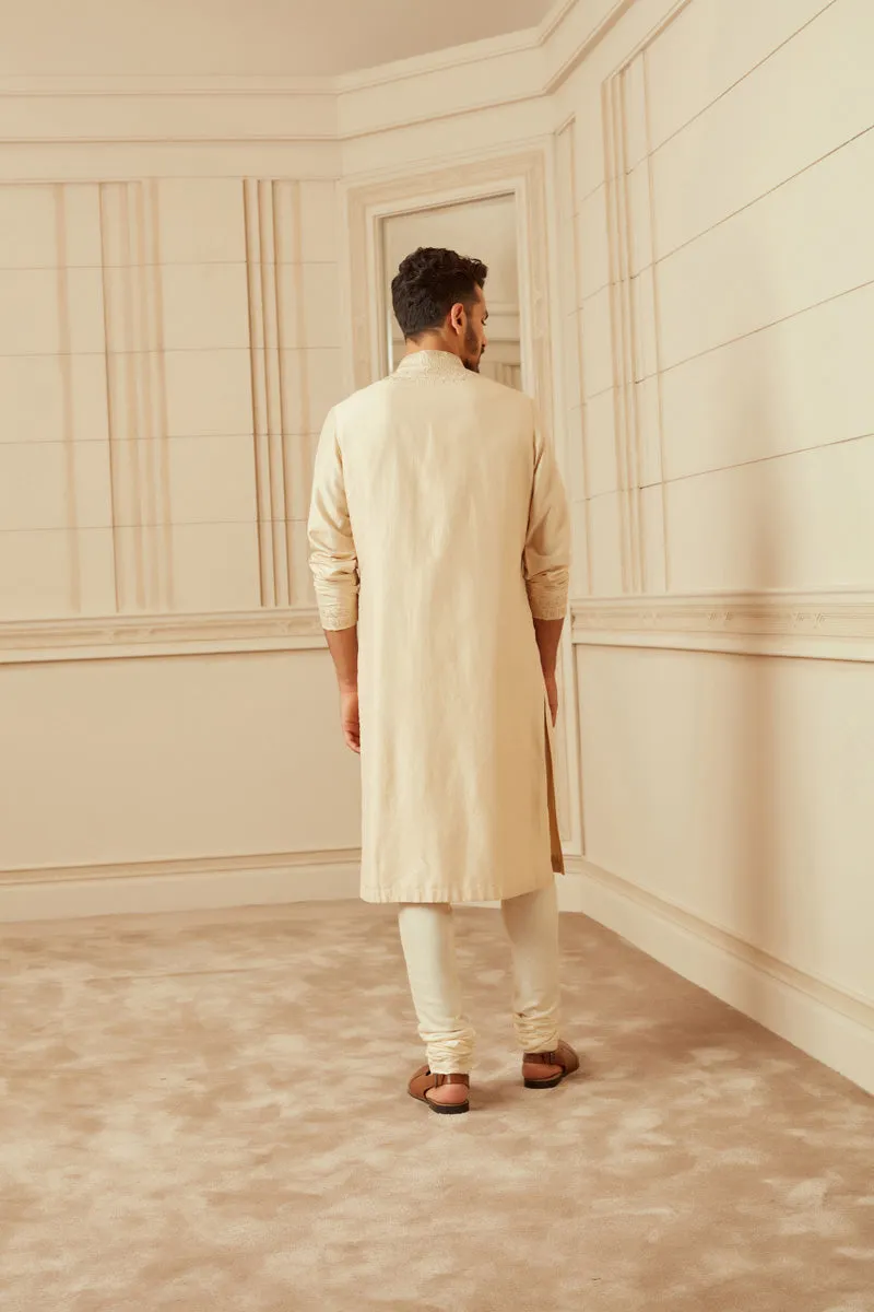 Beige Spun Silk Kurta Set With Thread Embroidery