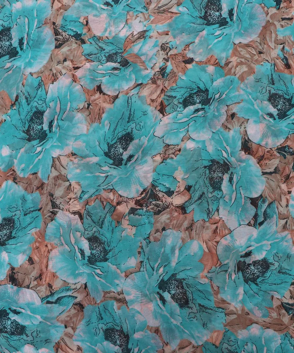 Blue and Brown Floral Print Georgette Fabric