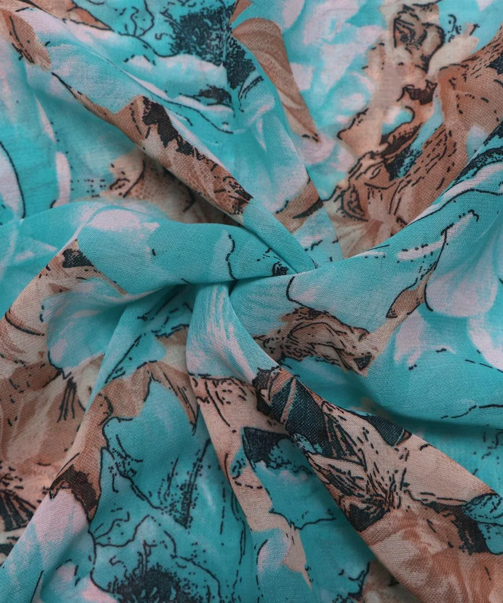 Blue and Brown Floral Print Georgette Fabric