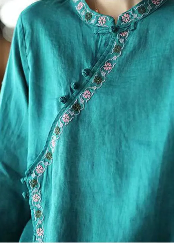 Blue Asymmetrical Design Linen Shirt Embroideried Long Sleeve