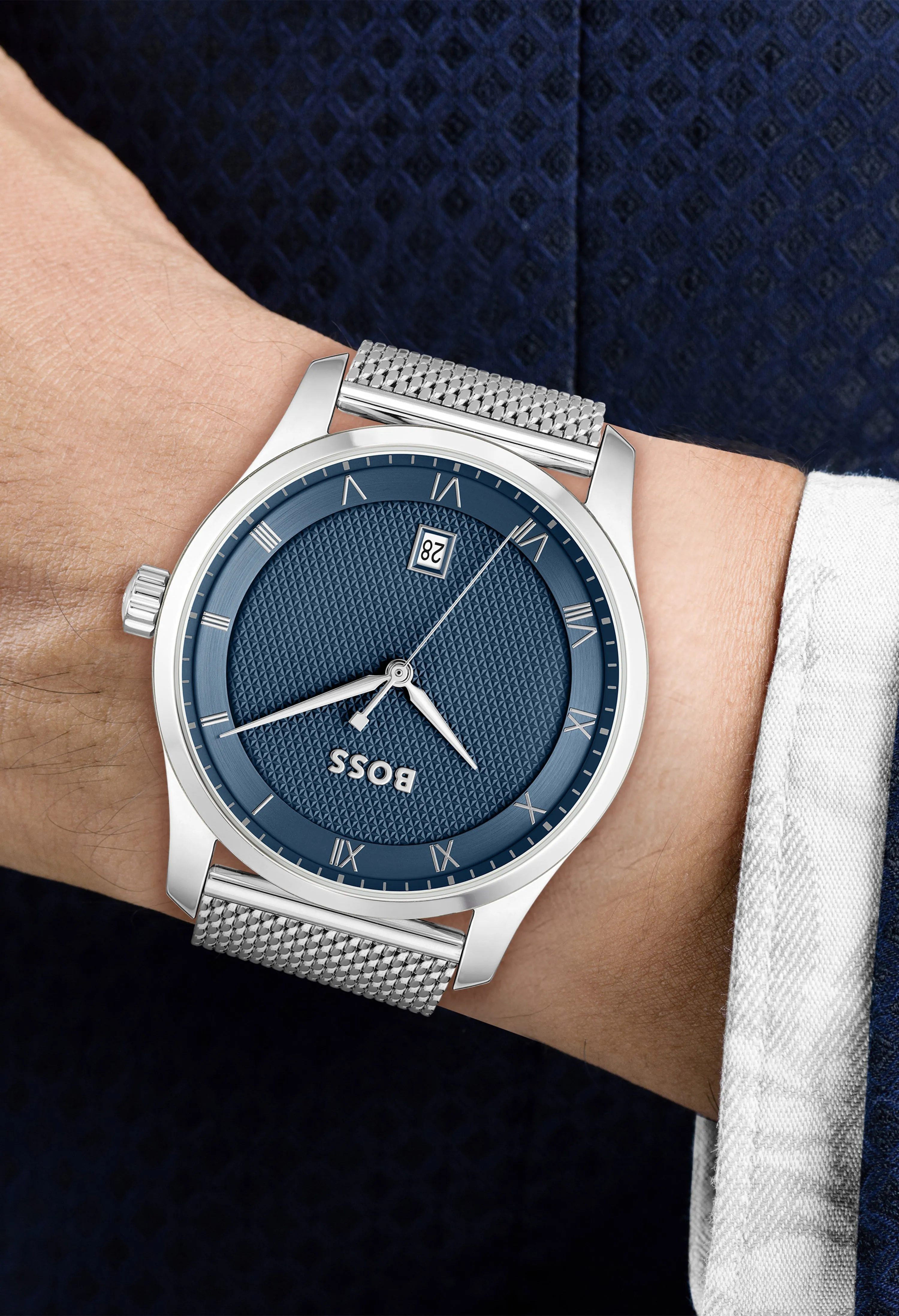 BOSS Mens Principle Blue Roman Dial Mesh Bracelet Stainless Steel Watch