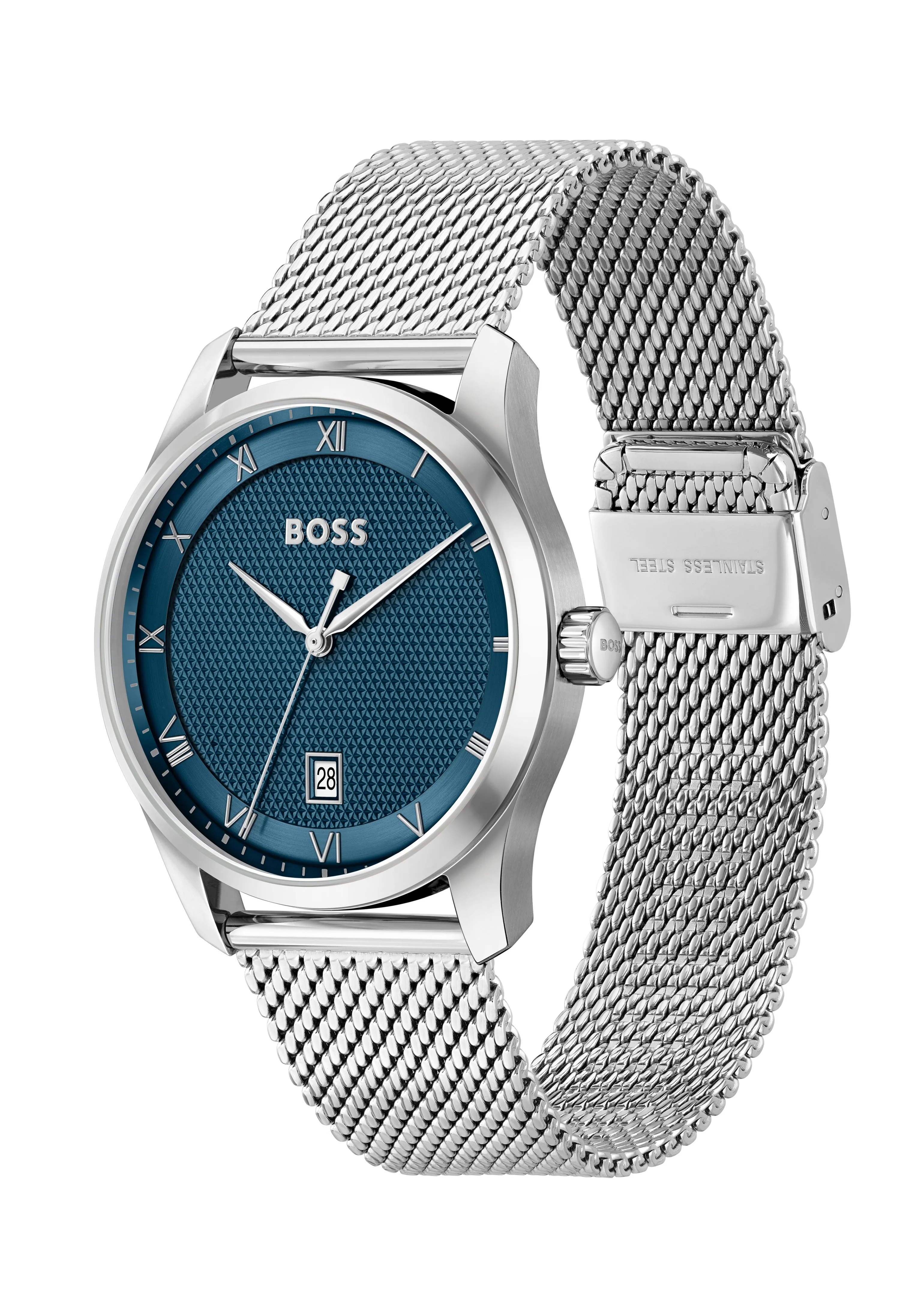BOSS Mens Principle Blue Roman Dial Mesh Bracelet Stainless Steel Watch