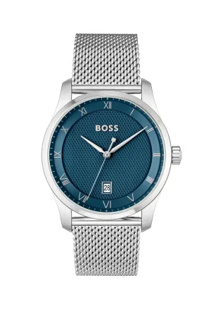 BOSS Mens Principle Blue Roman Dial Mesh Bracelet Stainless Steel Watch