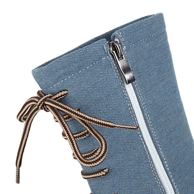 BRIANNA Design Women's Stylish Elegant Fashion Indigo Dark Blue Light Blue & Black Denim Zipper & Bow Design Boot Shoes