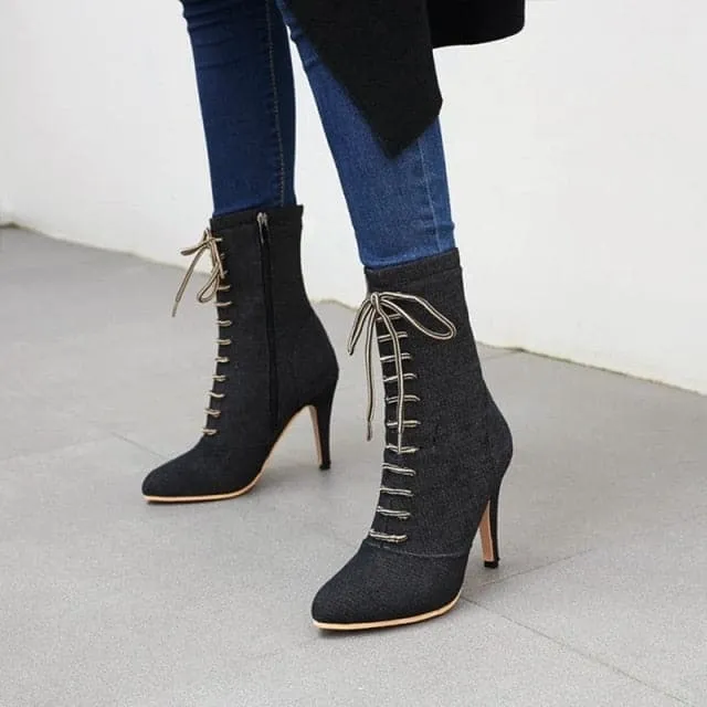 BRIANNA Design Women's Stylish Elegant Fashion Indigo Dark Blue Light Blue & Black Denim Zipper & Bow Design Boot Shoes