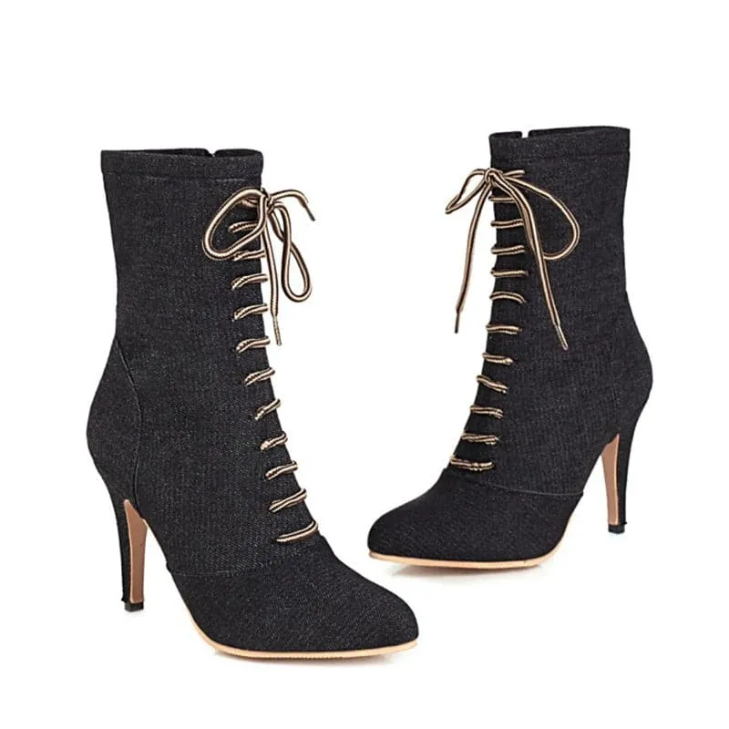 BRIANNA Design Women's Stylish Elegant Fashion Indigo Dark Blue Light Blue & Black Denim Zipper & Bow Design Boot Shoes