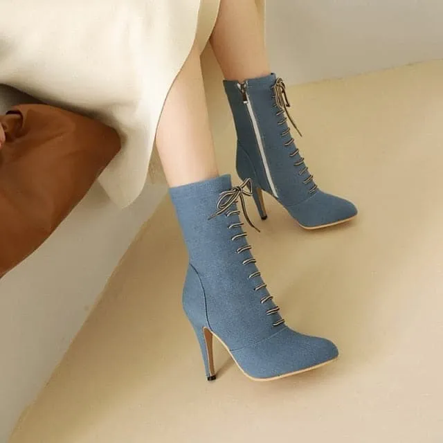 BRIANNA Design Women's Stylish Elegant Fashion Indigo Dark Blue Light Blue & Black Denim Zipper & Bow Design Boot Shoes