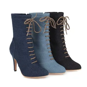 BRIANNA Design Women's Stylish Elegant Fashion Indigo Dark Blue Light Blue & Black Denim Zipper & Bow Design Boot Shoes