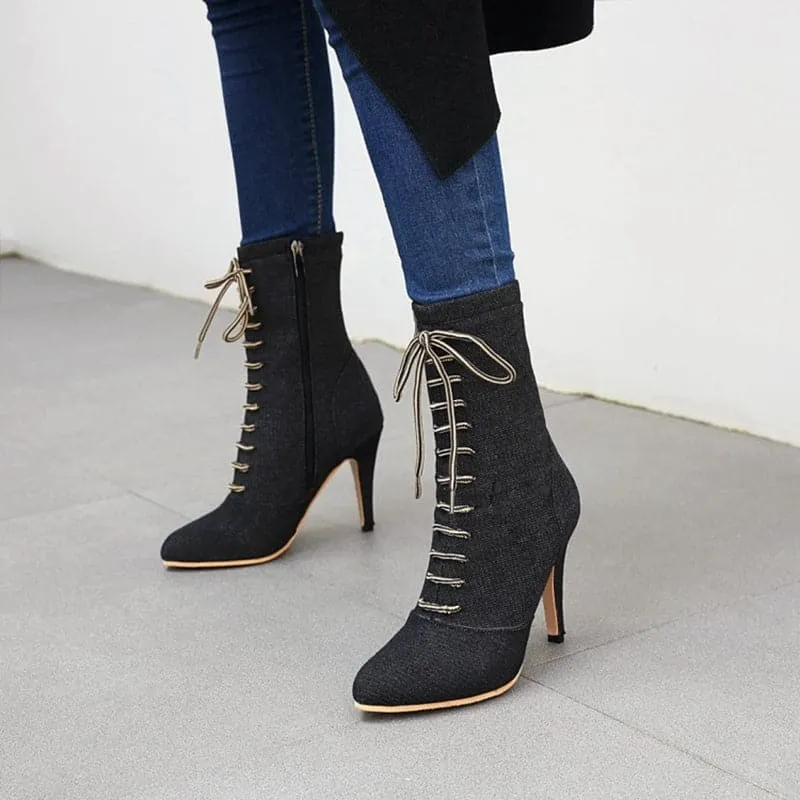 BRIANNA Design Women's Stylish Elegant Fashion Indigo Dark Blue Light Blue & Black Denim Zipper & Bow Design Boot Shoes