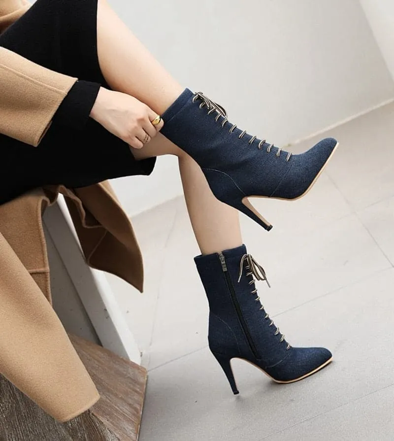 BRIANNA Design Women's Stylish Elegant Fashion Indigo Dark Blue Light Blue & Black Denim Zipper & Bow Design Boot Shoes