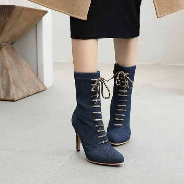 BRIANNA Design Women's Stylish Elegant Fashion Indigo Dark Blue Light Blue & Black Denim Zipper & Bow Design Boot Shoes
