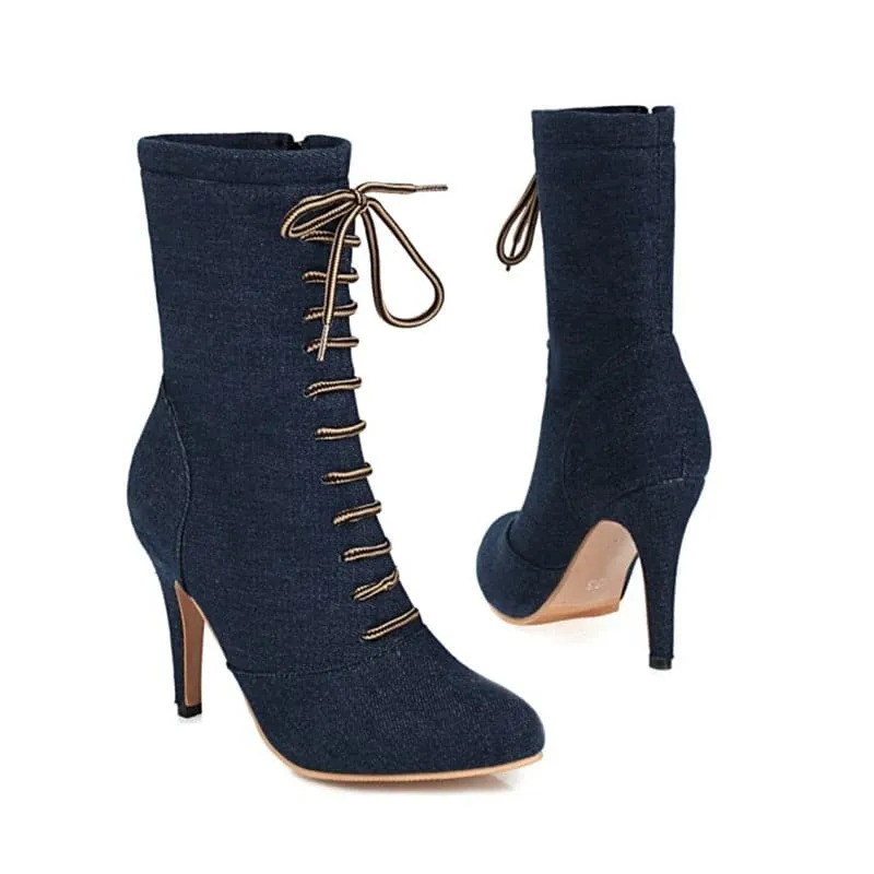 BRIANNA Design Women's Stylish Elegant Fashion Indigo Dark Blue Light Blue & Black Denim Zipper & Bow Design Boot Shoes