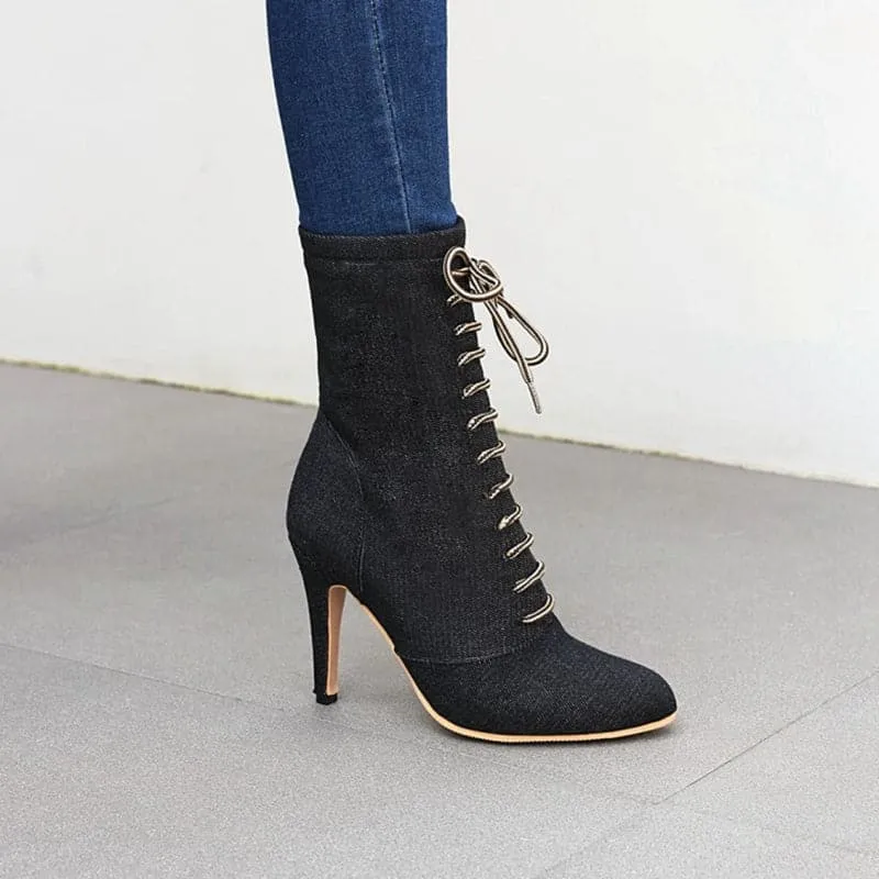 BRIANNA Design Women's Stylish Elegant Fashion Indigo Dark Blue Light Blue & Black Denim Zipper & Bow Design Boot Shoes