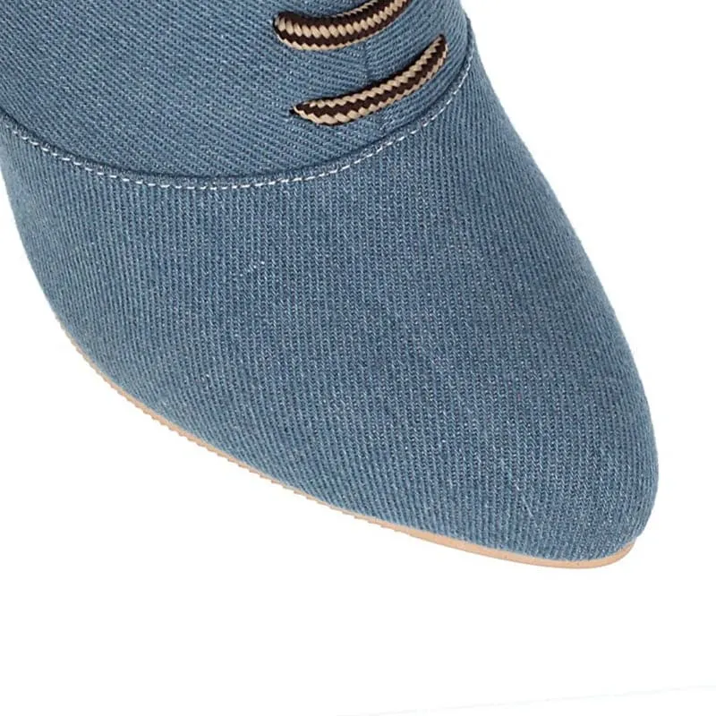 BRIANNA Design Women's Stylish Elegant Fashion Indigo Dark Blue Light Blue & Black Denim Zipper & Bow Design Boot Shoes