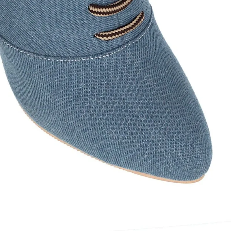 BRIANNA Design Women's Stylish Elegant Fashion Indigo Dark Blue Light Blue & Black Denim Zipper & Bow Design Boot Shoes