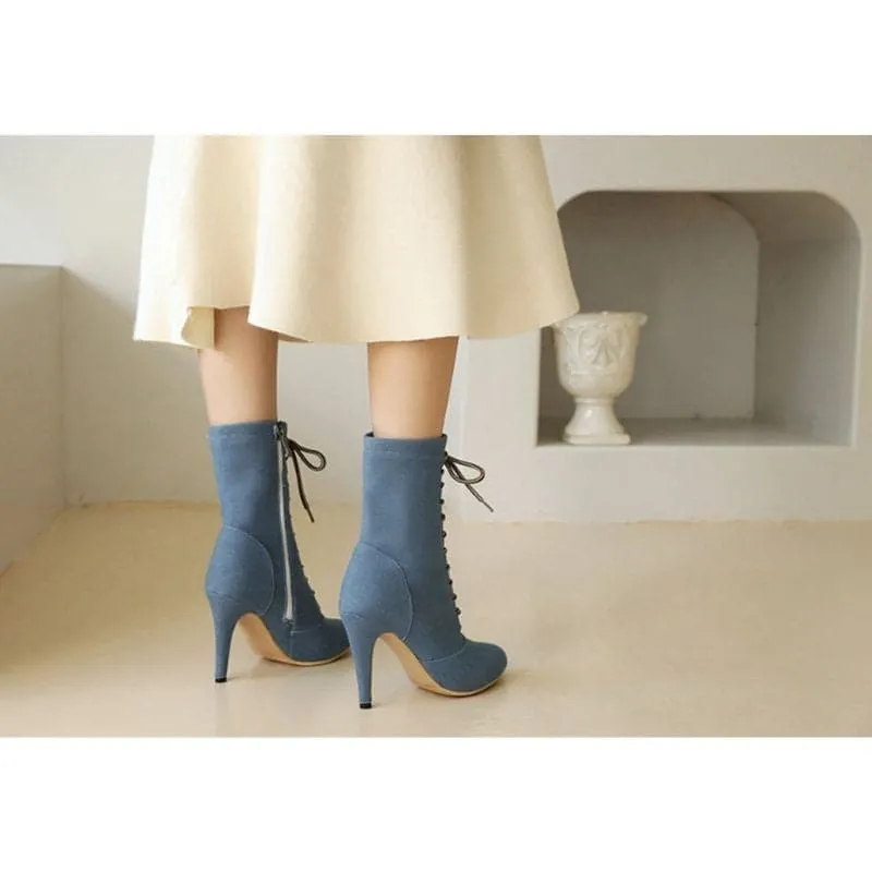 BRIANNA Design Women's Stylish Elegant Fashion Indigo Dark Blue Light Blue & Black Denim Zipper & Bow Design Boot Shoes