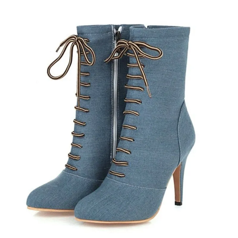 BRIANNA Design Women's Stylish Elegant Fashion Indigo Dark Blue Light Blue & Black Denim Zipper & Bow Design Boot Shoes