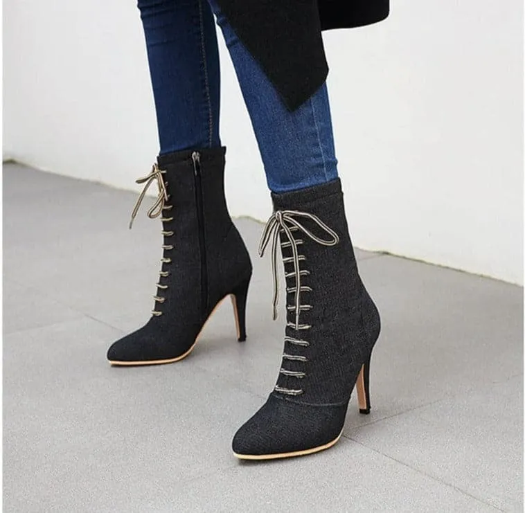 BRIANNA Design Women's Stylish Elegant Fashion Indigo Dark Blue Light Blue & Black Denim Zipper & Bow Design Boot Shoes