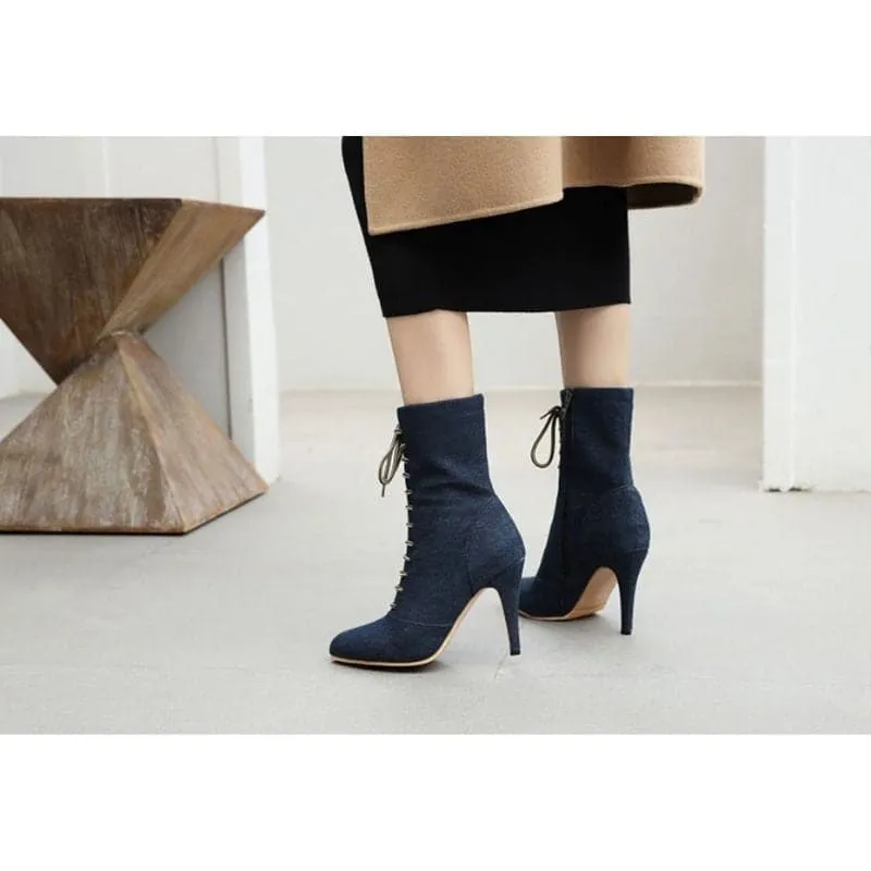 BRIANNA Design Women's Stylish Elegant Fashion Indigo Dark Blue Light Blue & Black Denim Zipper & Bow Design Boot Shoes
