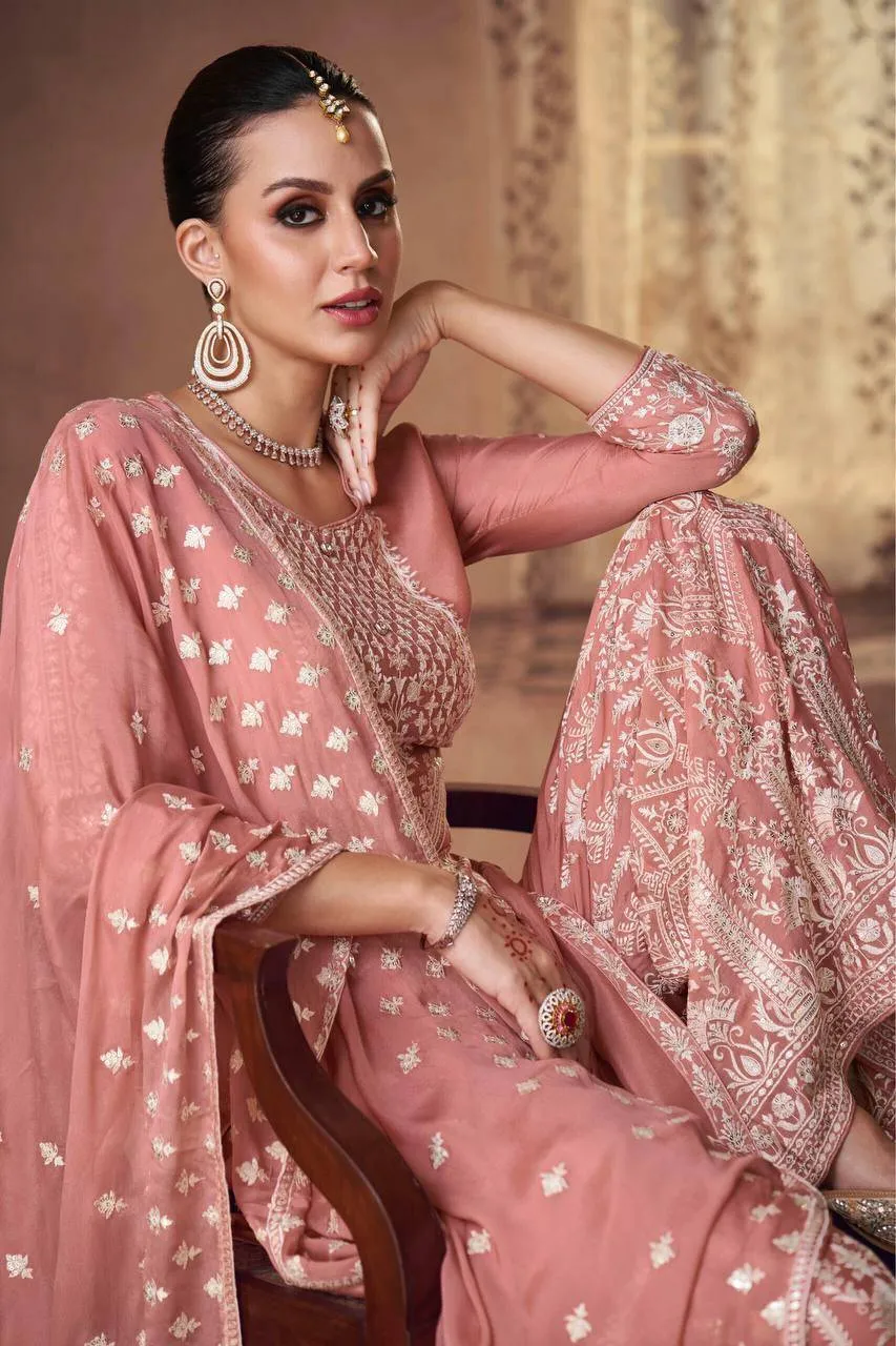 Brilliant Dusty Pink Chinon Embroidered Palazzo Suit