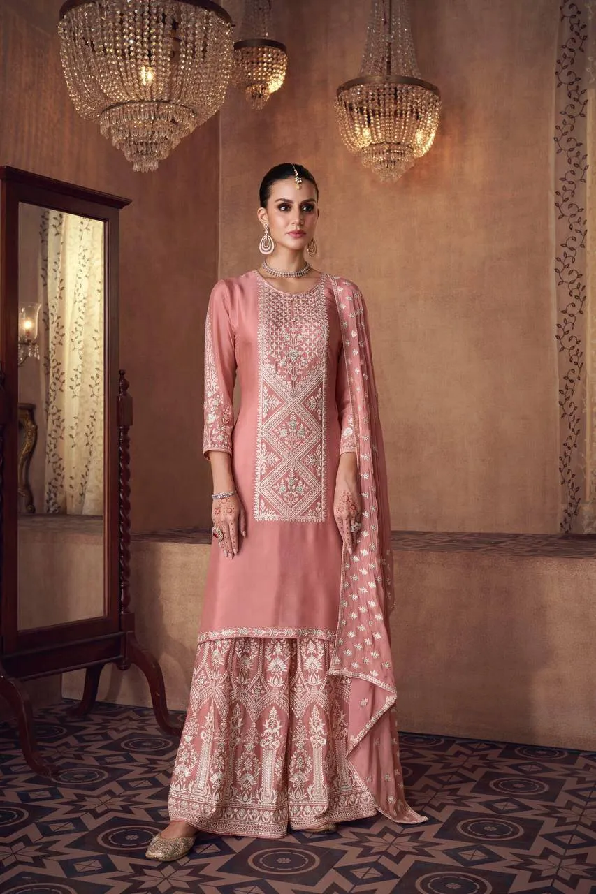 Brilliant Dusty Pink Chinon Embroidered Palazzo Suit
