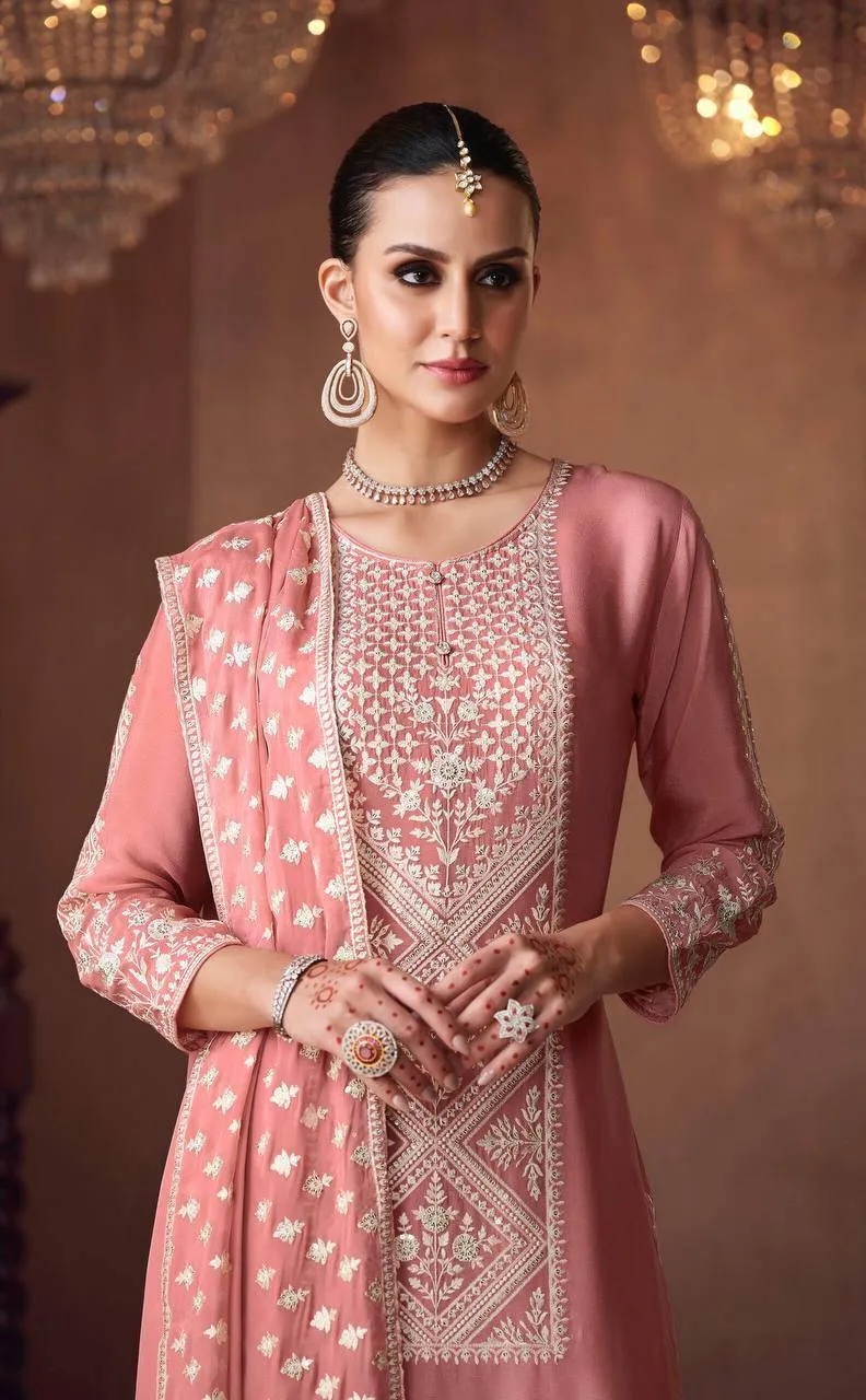 Brilliant Dusty Pink Chinon Embroidered Palazzo Suit