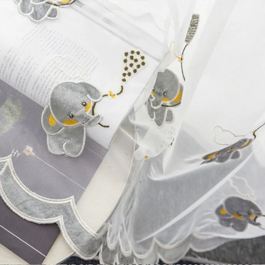 Charming Gray Elephant Embroidered Voile Curtains for Kids' Rooms