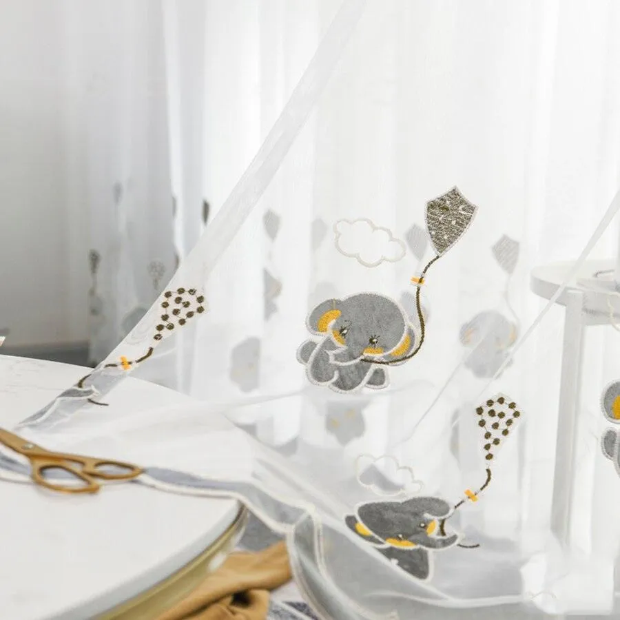 Charming Gray Elephant Embroidered Voile Curtains for Kids' Rooms