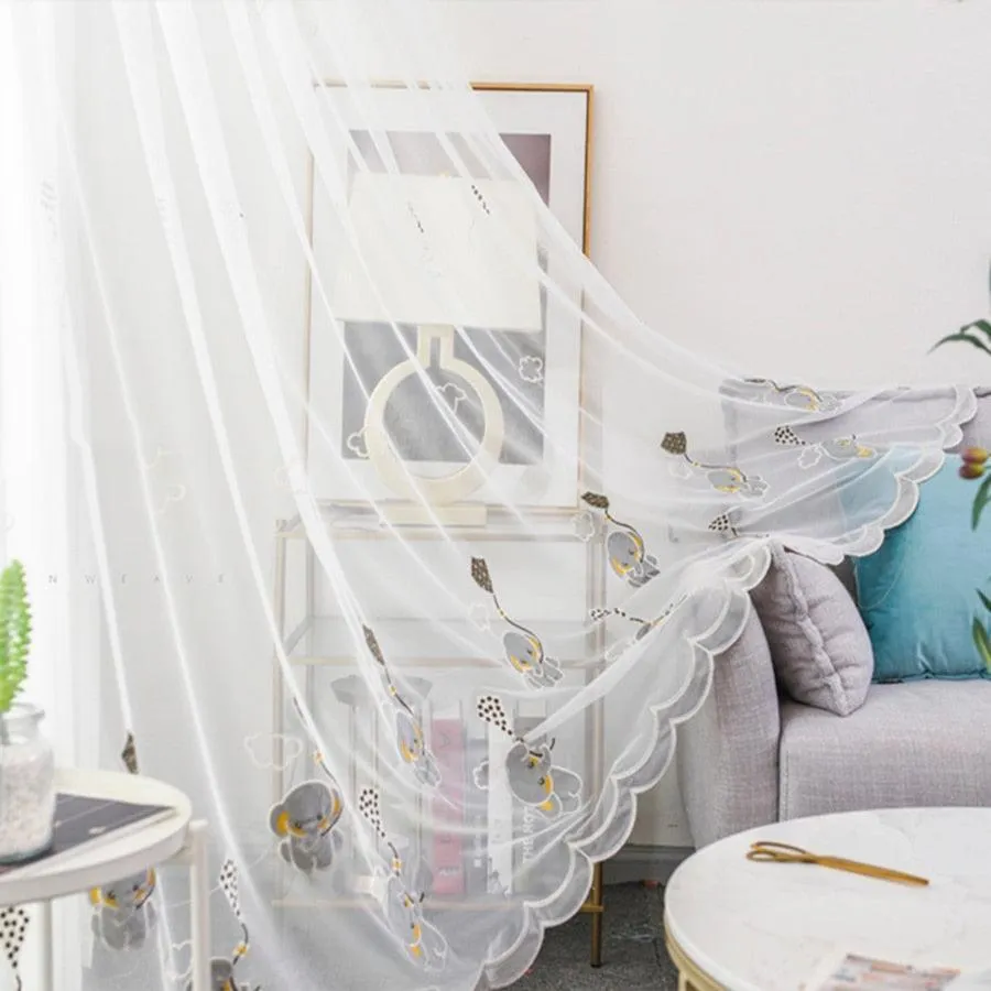 Charming Gray Elephant Embroidered Voile Curtains for Kids' Rooms