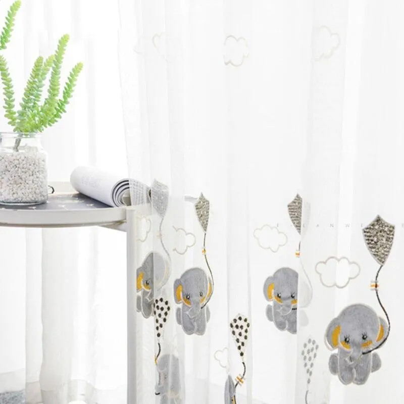 Charming Gray Elephant Embroidered Voile Curtains for Kids' Rooms
