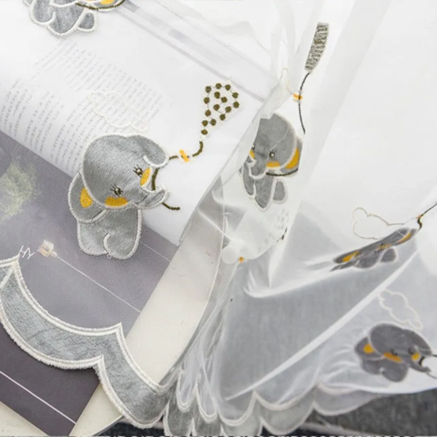 Charming Gray Elephant Embroidered Voile Curtains for Kids' Rooms