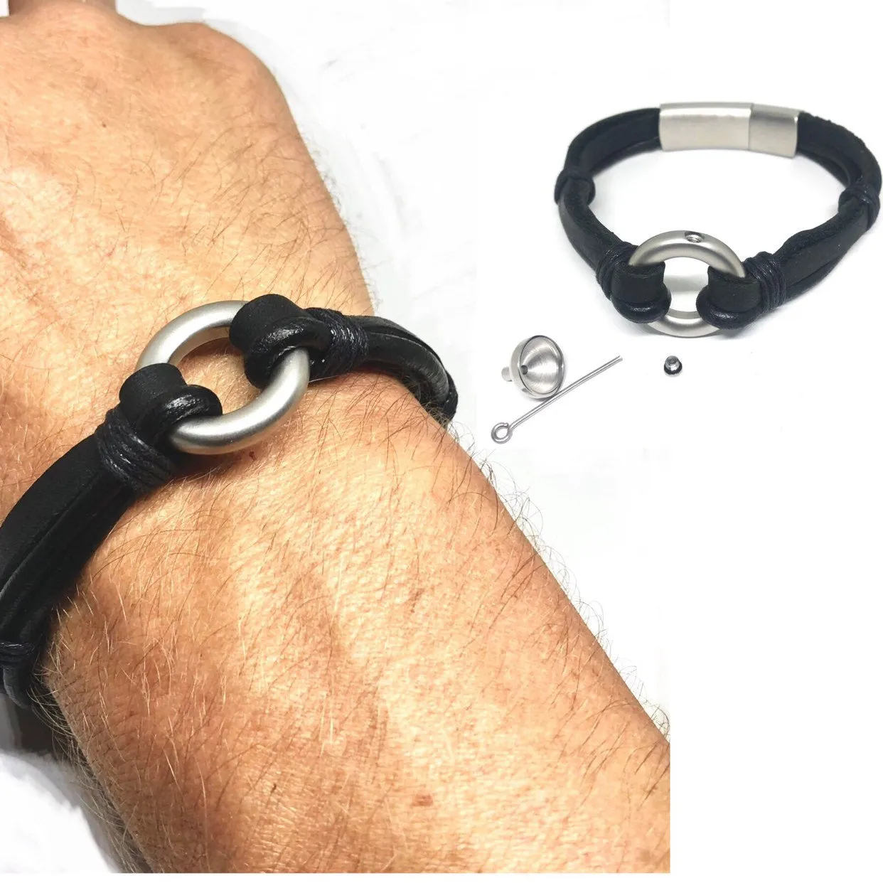 Classic Black Leather Memorial Urn Bracelet