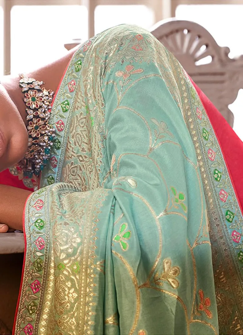 Embroidered Blouse Turquoise Dola Silk Saree