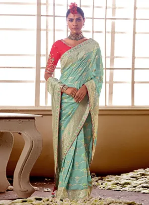 Embroidered Blouse Turquoise Dola Silk Saree
