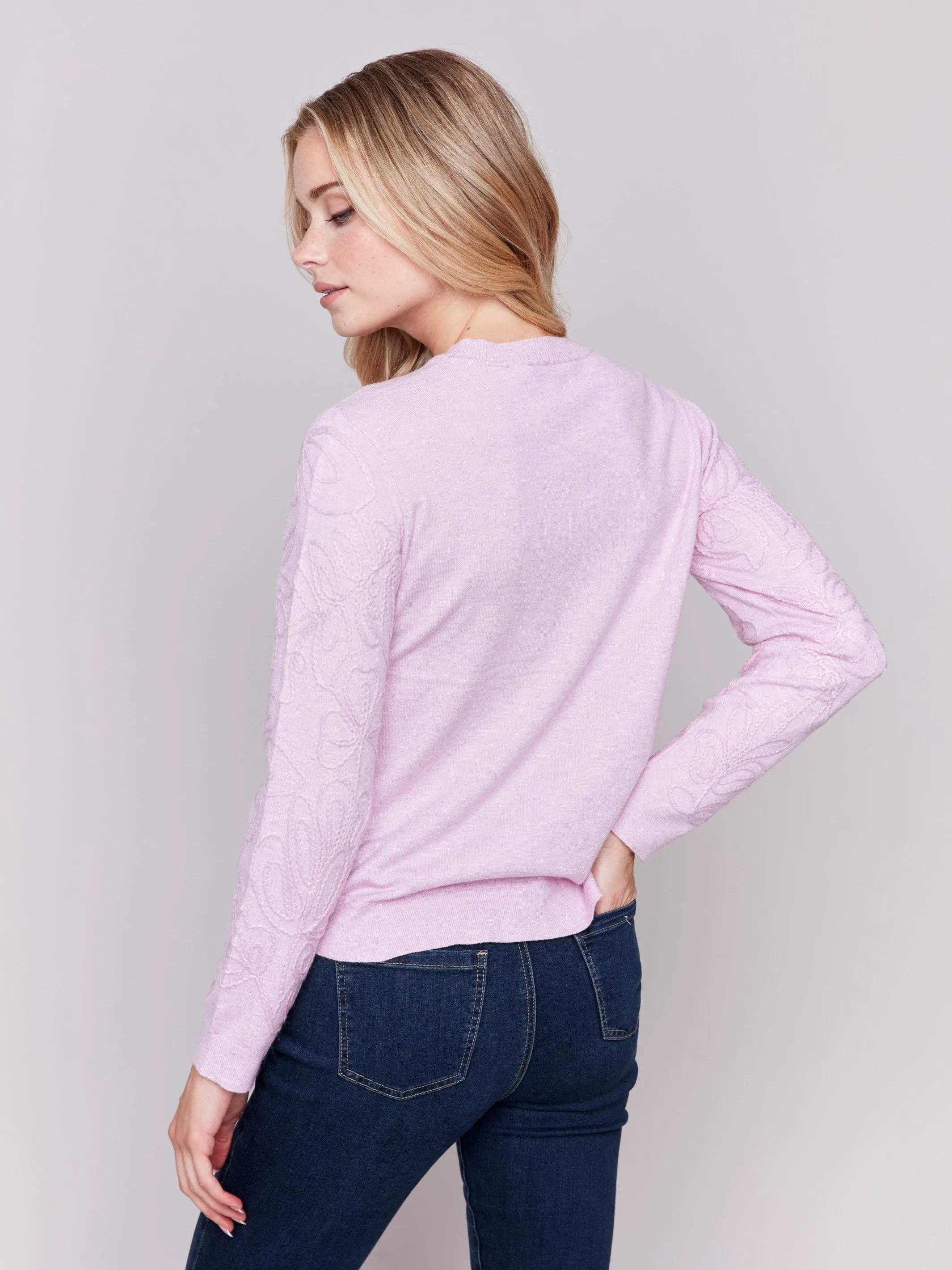Embroidered Round Hem Sweater - Bubble Gum - H-Bubble Gum