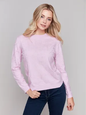 Embroidered Round Hem Sweater - Bubble Gum - H-Bubble Gum
