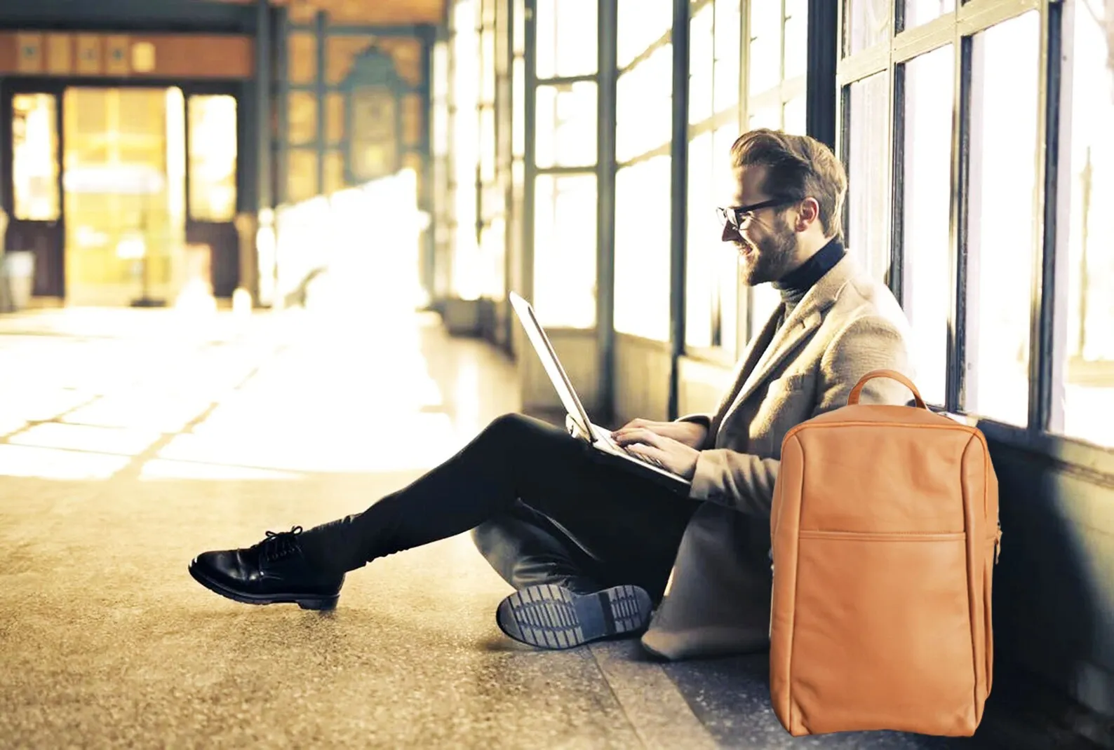 Genuine Brown Leather Laptop Backpack