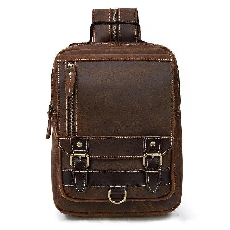 Genuine Leather Chest Bag Backpack Dual Use Mens Travel Bag